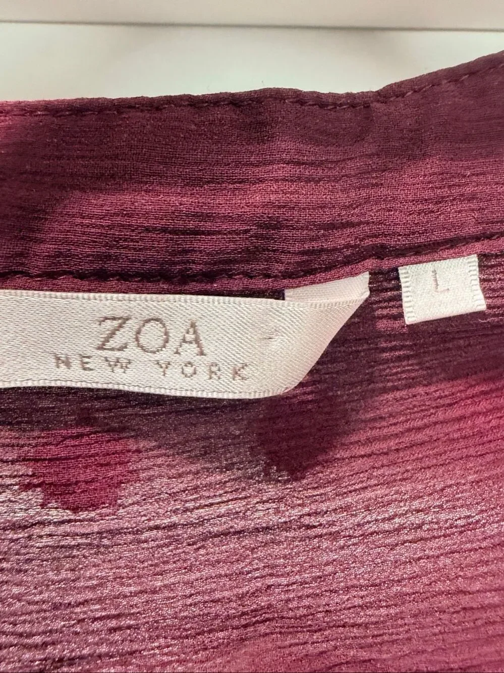 Zoa New York Silk Sheer Embroidered Blouse Burgundy Red Dot Boho Sz L